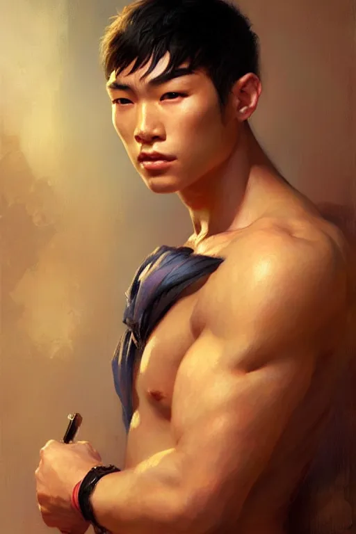 Image similar to young handsome asian male portrait dnd, muscle, painting by gaston bussiere, elena zhurikhina, goro fujita and charlie bowater