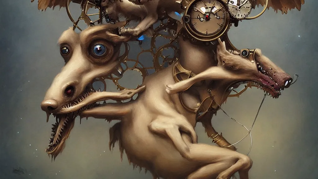 Image similar to a clockwork dog contemplating its owner, in the style of peter mohrbacher by weta digital and beth cavener, masterpiece, award winning, high face symmetry, intricatein the style of peter mohrbacher by weta digital and beth cavener, masterpiece, award winning, high face symmetry, intricate