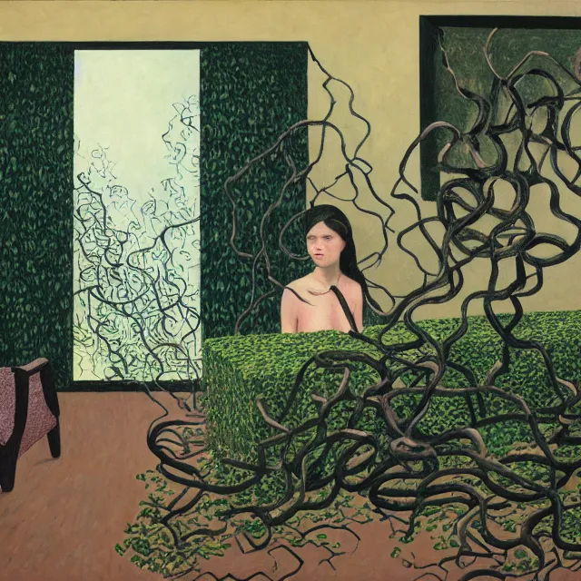 Prompt: a pathology student in her apartment, wrapped in vines, large stones, octopus, black walls, ikebana, black armchair, puddles, moss, acrylic on canvas, surrealist, by magritte and monet