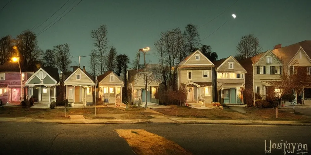 Image similar to small suburban houses in America at night by Wes Anderson, fantasy, imagination, cinematic