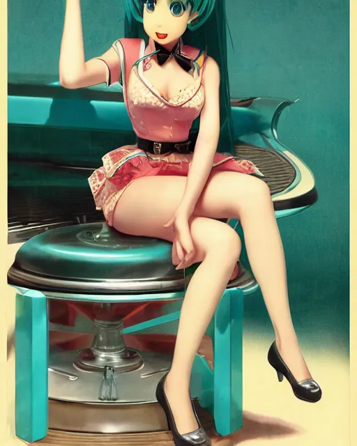 Image similar to Hatsune Miku full body pin up modeling in idol unioform, with a park in the back ground, post war style, detailed face, american postcard art style, by Gil Elvgren and Randolph Stanley Hewton and Charlie Bowater