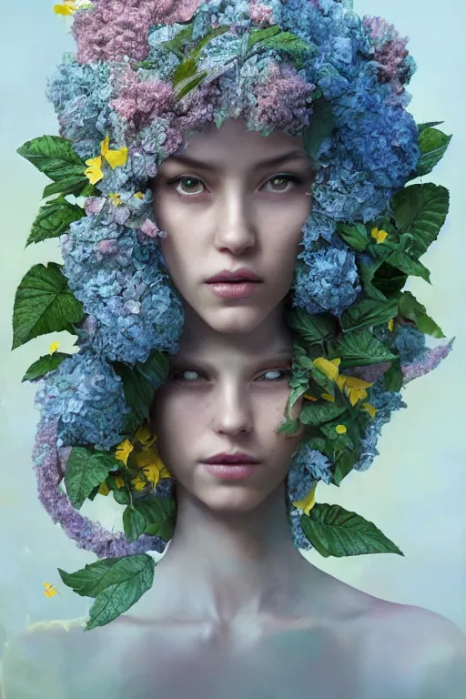 Image similar to a beautiful fine art RPG portrait photo of a robot female cyborg, spread out curly hair covered by hibiscus, daffodils, hydrangea, montsera leaves by tom bagshaw and zach sutton, golden ratio composition, soft studio lighting, soft vignette, 50mm lens, very detailed, bionic, cybernetic scifi, deep depth of field, artstation, 8K