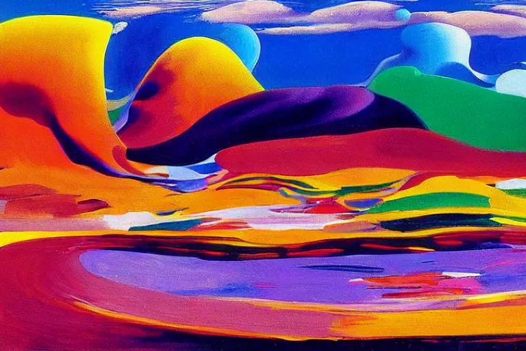 Image similar to Psychedelic sci-fi dreamworld. Landscape painting. Organic. Winding rushing water. Waves. Clouds. Wayne Thiebaud. Peter Max.