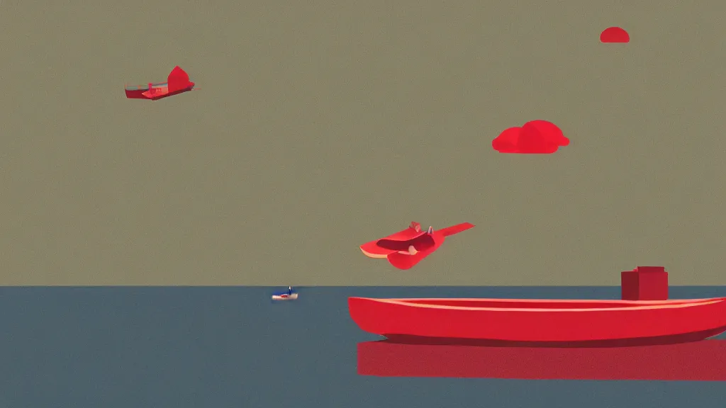 Image similar to a red boat floating on top of a body of water, a screenprint by Tom Whalen, behance contest winner, australian tonalism, matte drawing, outrun, low poly