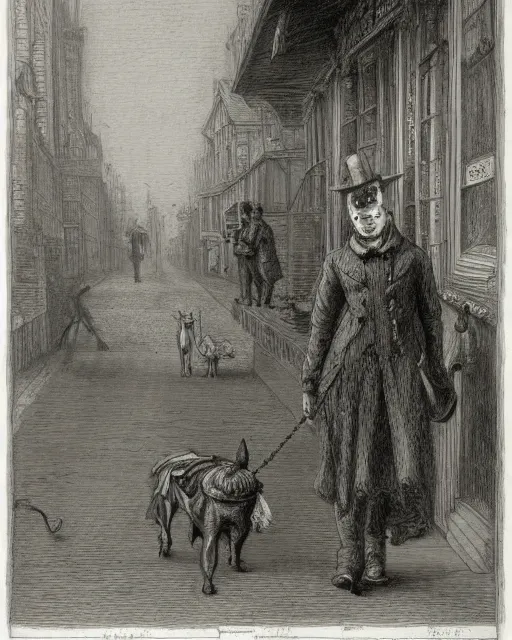 Prompt: a victorian robot walking a dog in the city by gustav dore, hyperdetailed pencil drawing