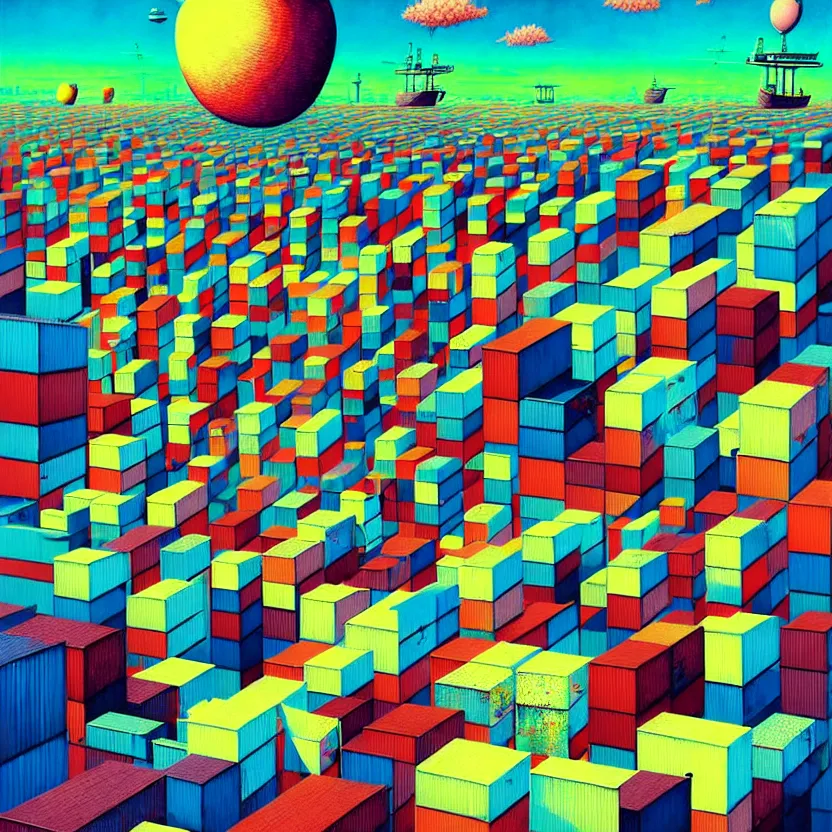 Image similar to surreal glimpse into other universe, a shipping container port, summer morning, very coherent and colorful high contrast, art by!!!! gediminas pranckevicius!!!!, geof darrow, floralpunk screen printing woodblock, dark shadows, hard lighting, stipple brush technique,