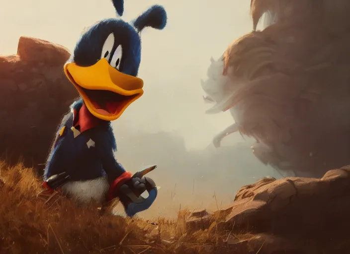 Prompt: close up cinematic artwork of Donald duck staring down the enemy on the battlefield by Greg Rutkowski, 4k, masterpiece