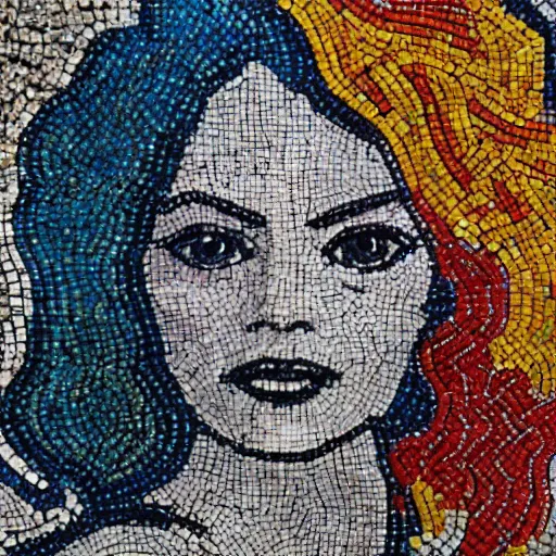 Image similar to beautiful detailed colorful emma stone in zeugma mosaic, many small stones, extreme detail
