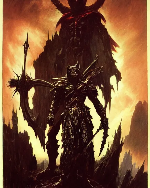 Image similar to the death knight by Frank Frazetta. Thomas Cole and Wayne Barlowe