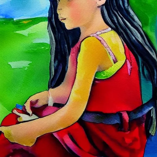 Prompt: painter girl painting on a canvas water colour painting