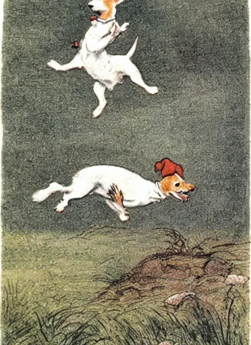 Image similar to jack russel terrier jumping over and over, illustrated by peggy fortnum and beatrix potter and sir john tenniel