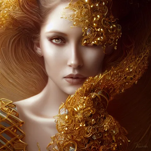 Image similar to a beautiful woman wearing a white dress made of silk with golden ornaments and diamonds jewelry by alex gray and android jones , Karol Bak, Ayami Kojima, Amano , concept art, character design, fantasy,3D, 8k resolution