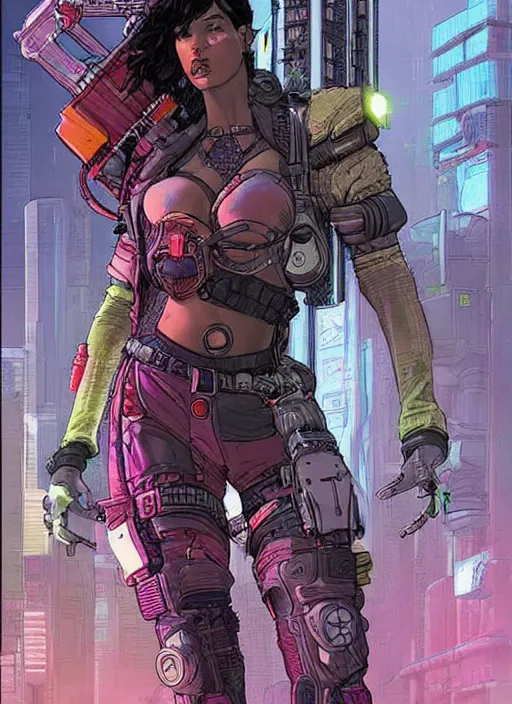 Image similar to apex legends cyberpunk fitness babe. concept art by james gurney and mœbius. gorgeous face.