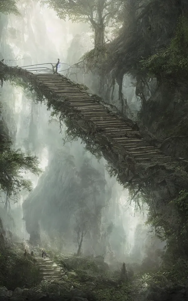 Image similar to the journey of life, each stage is a step in a stairway, detailed, 4 k, octane, a person walking up a set of stairs in the woods, a detailed matte painting by huang ding, cgsociety, fantasy art, mystical, made of mist, matte painting