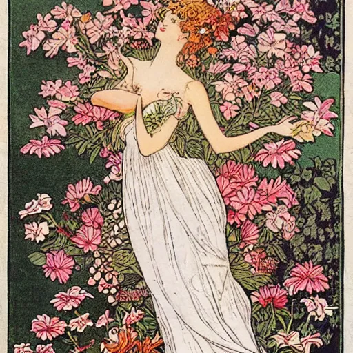 Image similar to a floral fantasy illustration by walter crane