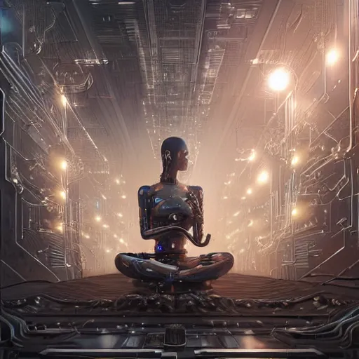 Image similar to Meditating cyborg with many cybernetic implants and wiring, lotus pose, techno-optimism, utopia, sci-fi, hyperrealist, centered, wide angle shot, detailed, intricate, digital painting by Greg Rutkowski, face by artgerm, digital art, trending on artstation, top post of all time on /r/transhumanism subreddit