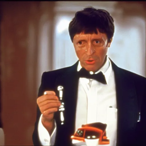 Image similar to film still of Bill Gates as Tony Montana from the movie Scarface (1983), promotional photo, 8k