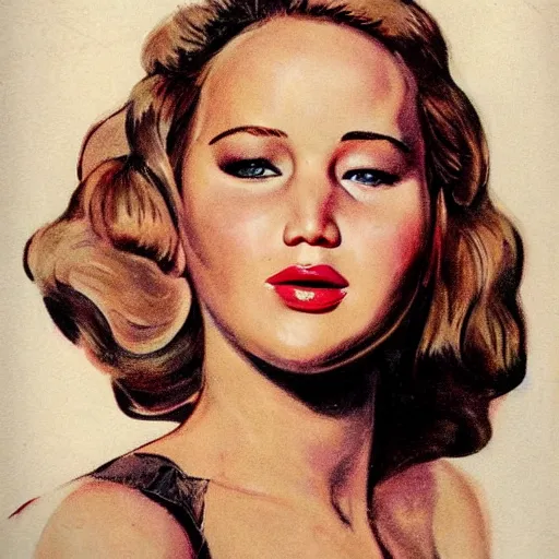 Prompt: “jennifer Lawrence portrait, color vintage magazine illustration 1950”