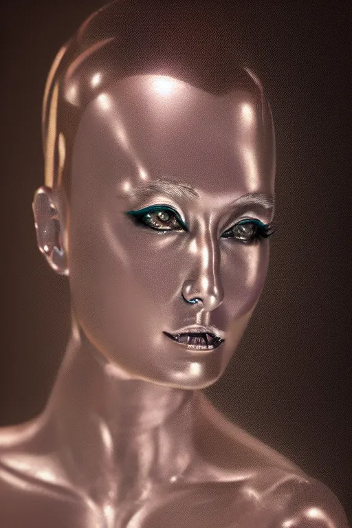 Prompt: realistic photo portrait of a metal woman in the style of hajime sorayama, studio lighting, 1 5 0 mm