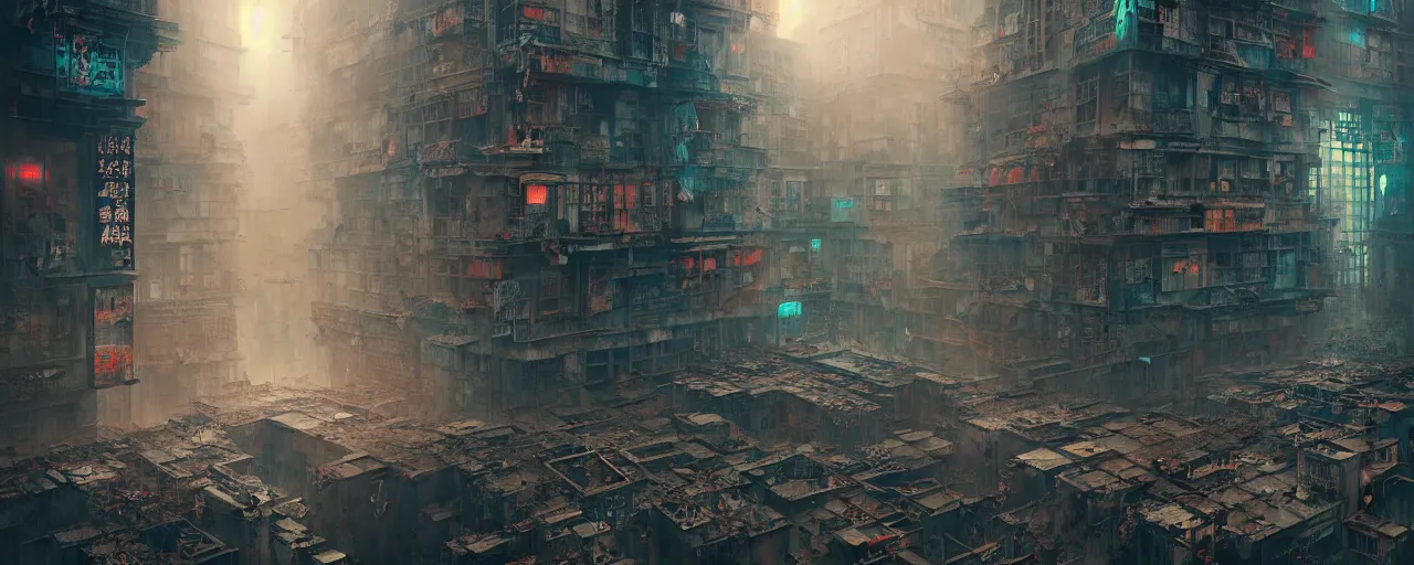 Image similar to duotone noir concept illustration inside of kowloon walled city stimulus overload, octane render, concept hideo kojima surreal atmosphere, abandoned buildings volumentric lighting. cosmic horror. accidental renaissance. by sachin teng and sergey kolesov and ruan jia and heng z. graffiti art, scifi, fantasy, hyper detailed. trending on artstation