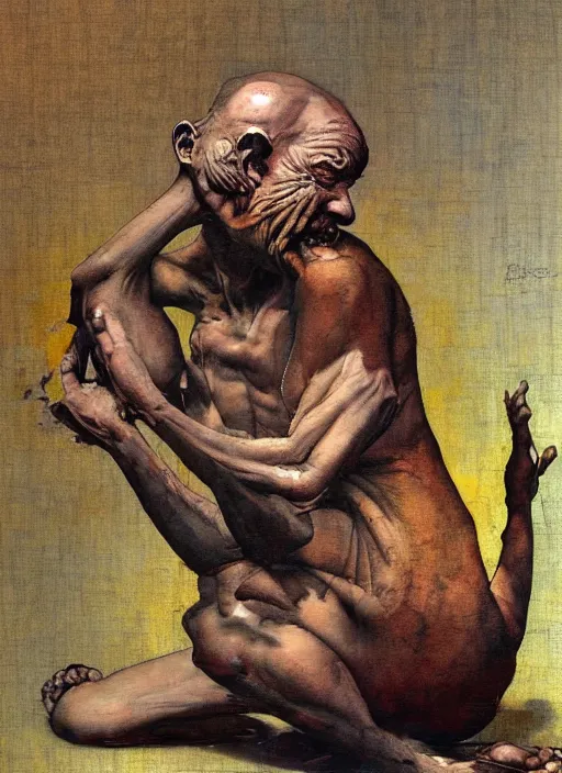 Prompt: realistic detailed image of a praying monk seated on a large block of obsidian stone in the style of Francis Bacon, Surreal, Norman Rockwell and James Jean, Greg Hildebrandt, and Mark Brooks, triadic color scheme, By Greg Rutkowski, in the style of Francis Bacon and Syd Mead and Edward Hopper and Norman Rockwell and Beksinski, open ceiling, highly detailed, painted by Francis Bacon, painted by James Gilleard, surrealism, airbrush, Ilya Kuvshinov, WLOP, Stanley Artgerm, very coherent, art by Takato Yamamoto and James Jean