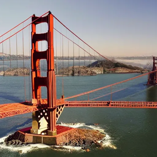 Prompt: the golden gate bridge made of fried eggs by greg rutkowski and frank lloyd wright