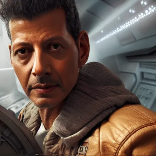 Image similar to hyperrealistic jeff goldblum piloting millennium falcon, stunning 3 d render inspired by istvan sandorfi & xiang duan, perfect symmetry, dim volumetric cinematic lighting, 8 k octane comprehensive render, extremely mega hyper - detailed and lifelike attributes & atmosphere, intricate, realistic flesh texture, masterpiece, artstation, stunning,