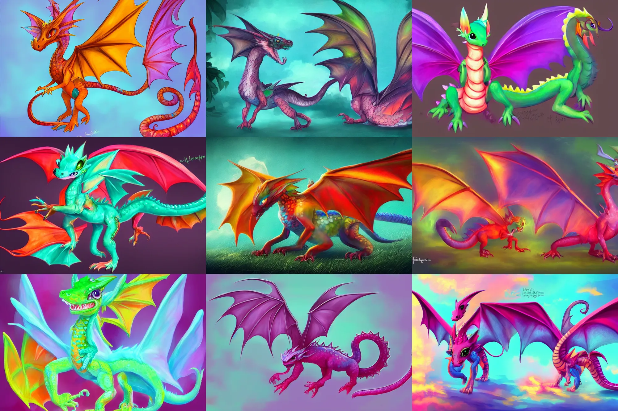 Prompt: full body digital illustration of a cute colorful baby dragon with faerie wings, concept art, matte background, deviantArt, artstation