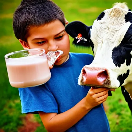 Image similar to photo of a couple of kids drinking milk directly from cow udder, realistic, award winning photo, national geographic