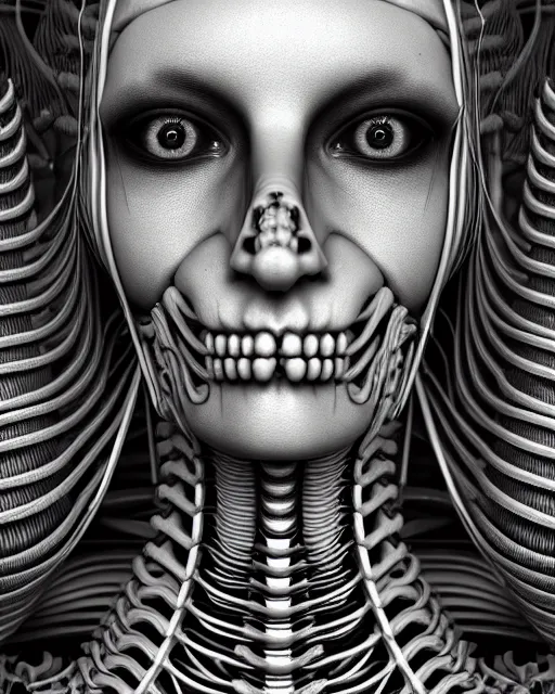 Image similar to mythical black and white organic biomechanical spinal ribbed face portrait detail of mechanical female vegetal-cyborg, highly detailed, intricate ornate, 3D render digital art, octane render, 8K artistic photography, photorealistic