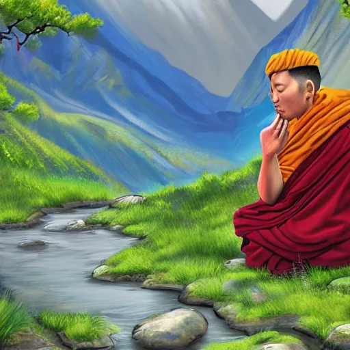 Prompt: stunning digital painting of a Tibetan monk meditating in a valley, highly detailed digital art