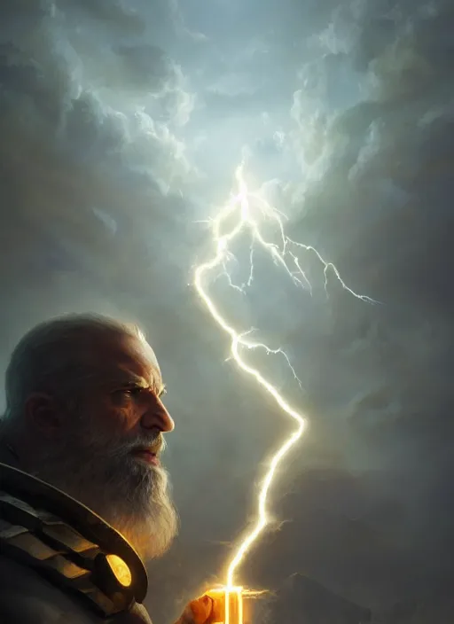 Prompt: god of light holding a lightning bold, dramatic lighting, slight bokeh on background, cinematic, portrait shot, extremely high detail, foto realistic, cinematic lighting, post processed, concept art, artstation, matte painting, blizzard studio, wow, style by eddie mendoza, raphael lacoste, alex ross