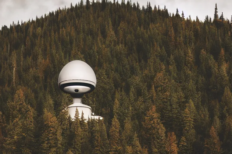 Prompt: sci fi nuclear containment buildings in a steep sided valley with trees, ufo flying around, a sense of hope and optimism, birds overhead, stark light, day time, unsplash, national geographic, hd, high res