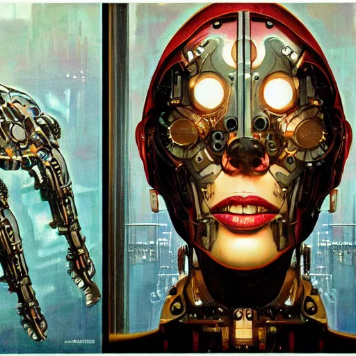 Image similar to detailed face of a clockwork biomechanical woman, moment, cyberpunk cloisters, electronic billboards, tech noir, wet reflections, prism, atmospheric, ambient, pj crook, syd mead, livia prima, greg rutkowski, edward hopper