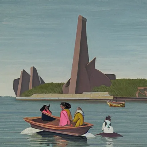 Prompt: by lawren harris monumental, washed - out. the sculpture of a group of well - dressed women & children enjoying a leisurely boat ride on a calm day. the women are chatting & laughing while the children play with a toy boat in the foreground.