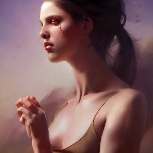 Image similar to painting of a very beautiful girl with muscles, by tom bagshaw, greg rutkowski, wlop