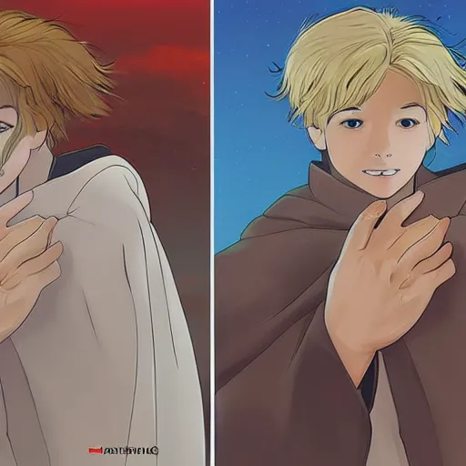 Prompt: blonde boy with glowing eyes wearing a brown cape and flying, in the style of studio ghibli, artgerm