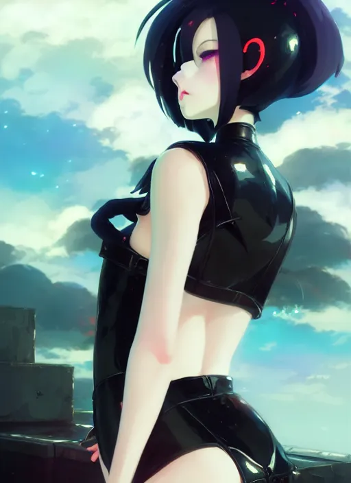 Image similar to portrait of cute goth girl in latex clothes, cloudy sky background lush landscape illustration concept art anime key visual trending pixiv fanbox by wlop and greg rutkowski and makoto shinkai and studio ghibli and kioto animation