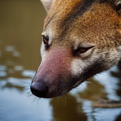 Image similar to close up photo of a rare thylacine, drinking water from a lake in tasmania, bokeh, 1 0 0 mm lens, 4 k award winning nature photography. masterpiece