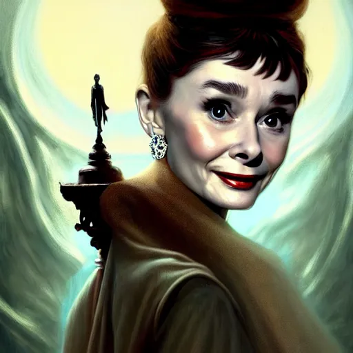 Image similar to audrey hepburn in a horror novel, inside haunted mansion, various scenarios, looking for the way out, highly detailed, digital painting, artstation, art by gaston bussiere, greg rutkowski, j. c. leyendecker, robert hubert