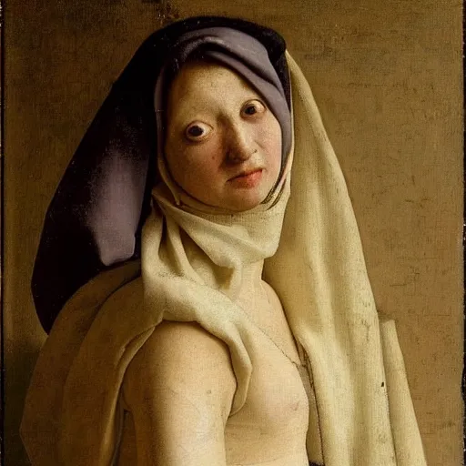 Prompt: extremely ugly pale woman with skin condition in expensive renaissance dress, Renaissance painting by Vermeer, detailed