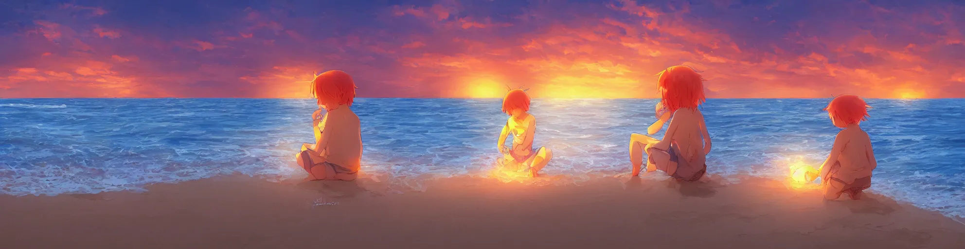 Image similar to beautiful, detailed digital painting of a orange-haired child making sandcastles on the beach and looking at the sunset, anime by Makoto Shinkai, sand, waves, trending on artstation