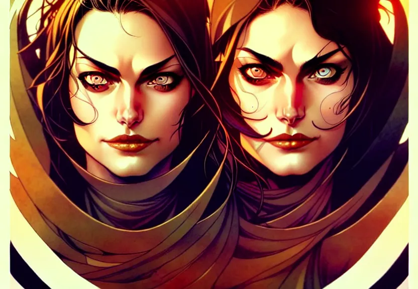 Image similar to artgerm, joshua middleton comic cover art, pretty pirate phoebe tonkin smiling, full body, symmetrical eyes, symmetrical face, long curly black hair, on a pirate ship background, warm colors