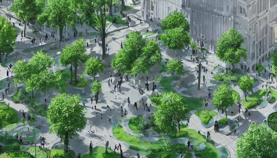 Image similar to city art of green crowded square with trees and a fountain in a middle of white city with buildings and office around, hyperdetailed, artstation, cgsociety, 8 k