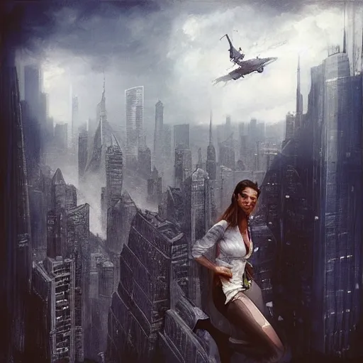 Prompt: “ a girl standing on a ledge looking down at a futuristic new york city below, ghostpunk, storm clouds, very detailed, by craig mullins ”