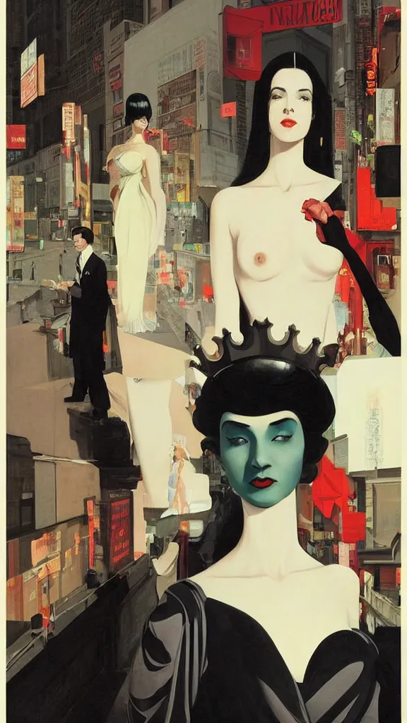 Image similar to a tall and beautiful pale woman with very black hair with a crown on her head walk in the streets of new york circa 1 9 8 4 edward hopper and james gilleard, surreal, open ceiling, highly detailed, airbrush, ilya kuvshinov, wlop, stanley artgerm, very coherent, art by takato yamamoto and james jean