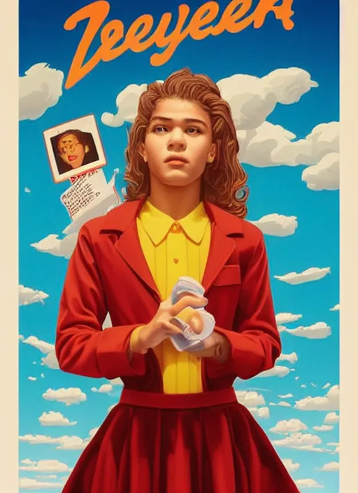 Prompt: poster artwork by michael whelan and laurent durieux, portrait of a high school student zendaya!!!!! wearing rr diner uniform working at the local diner, confectioner in a pastry shop, full length shot, shining, from scene from twin peaks, clean