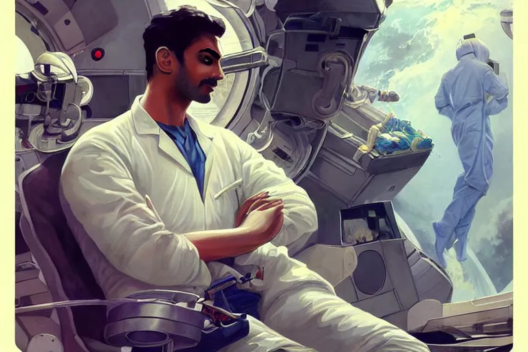 Image similar to Exhausted good looking pale young Indian doctors wearing jeans in a space station above Earth performing surgery, portrait, elegant, intricate, retrofuturistic digital painting, artstation, concept art, smooth, sharp focus, illustration, art by artgerm and greg rutkowski and alphonse mucha