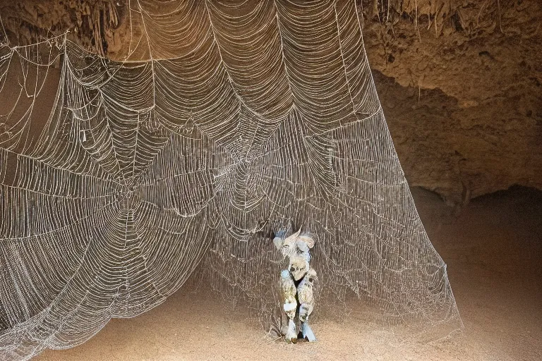 Prompt: portrait of a dusty armored skeleton covered in webs in a cave By Emmanuel Lubezki