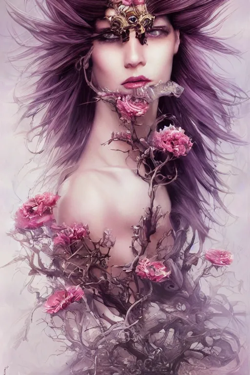 Image similar to portrait, headshot, insanely nice hair style, dramatic hair color, digital painting, gentle cyborg holding flowers , amber jewels, baroque, ornate clothing, scifi, realistic, hyperdetailed, chiaroscuro, concept art, art by Franz Hals and Jon Foster and Ayami Kojima and Amano and Karol Bak,